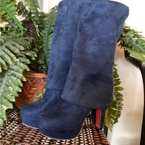 Blue Suede boots. They can go over your knees, come down to be under your knee